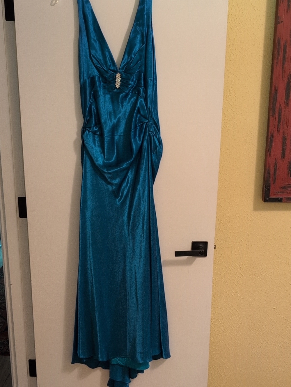 Morgan & Co. Teal Satin V-Neck Prom Gown with Rhinestone Detail